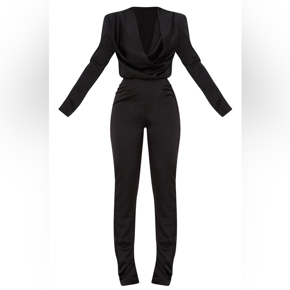Black Satin Long Sleeve Jumpsuit- 1 Piece - Dressy or Classy